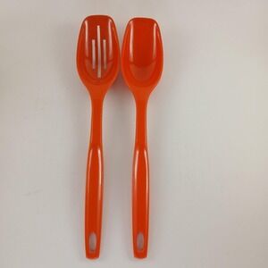 2 Vtg Foley Orange Melamine Plastic Cooking Kitchen Utensil Slotted & Reg Spoon